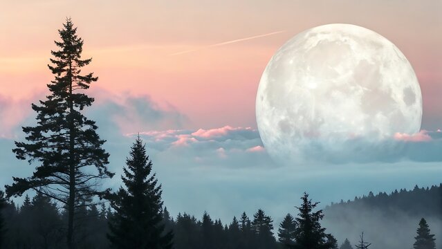 Majestic full moon over misty forest landscape at dusk - Powered by Adobe