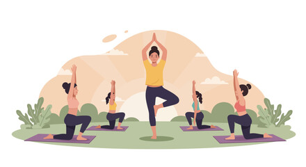 Obraz premium Yoga instructor leads a class in a park, demonstrating the tree pose while students follow along on mats.