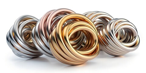 Abstract arrangement of intertwined metal rings, showcasing a modern geometric design with shiny surfaces and intricate connections isolated on white background