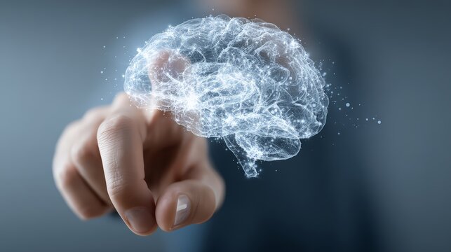 A hand reaching out to touch a glowing brain representation, symbolizing knowledge.