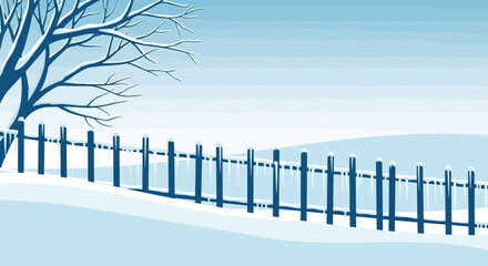 Winter Scenery With Frozen Fence And Snowy Landscape Illustration Graphic