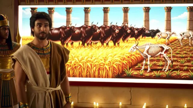 Joseph Interprets Pharaoh's Dream About Seven Fat and Lean Cows, Predicting Abundance and Famine in Ancient Egypt, Biblical Story