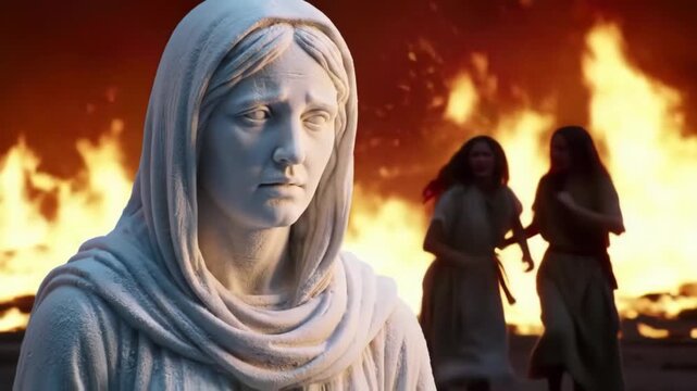 Lot's Wife Transformed into Salt Pillar After Looking Back at Destroyed Sinful Cities Sodom and Gomorrah, Divine Judgment God Destruction