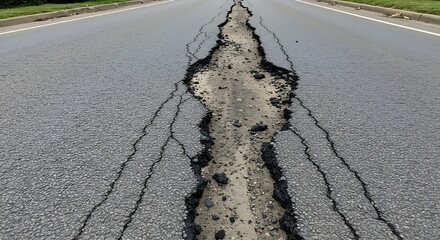 A stark asphalt fissure revealing underlying earth reflecting infrastructural neglect and