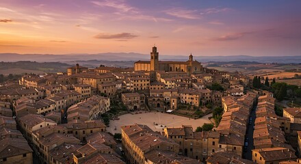 Aerial vista of Tuscan cityscape at dawn offering serene travel and cultural exploration experiences
