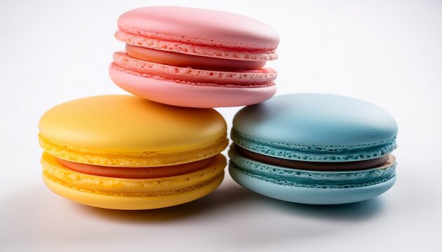 colorful and sweet dessert featuring a cake macaron or macaroon placed on a white background