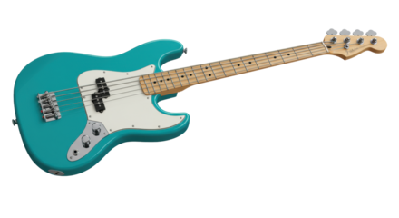 Pristine vibrant teal blue electric bass guitar with white pickguard, maple neck, chrome hardware, isolated on transparent background, soft studio light. Concept of musical creativity and excellence.