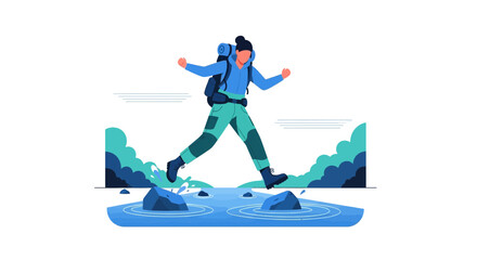 Woman Adventure Hiking Crossing Stream Flat Style Vector Illustration