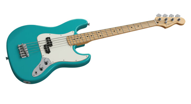Pristine vibrant teal blue electric bass guitar with white pickguard, maple neck, chrome hardware, isolated on transparent background, soft studio light. Concept of musical creativity and excellence.
