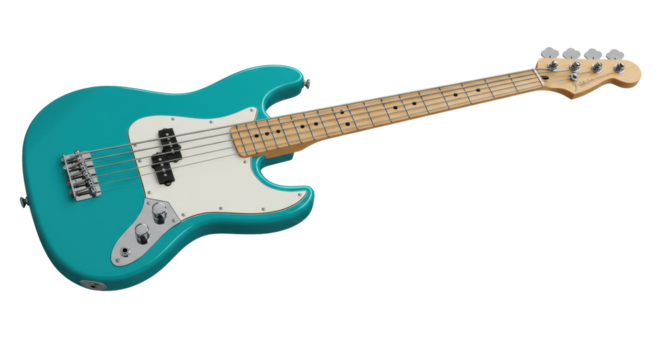 Pristine vibrant teal blue electric bass guitar with white pickguard, maple neck, chrome hardware, isolated on transparent background, soft studio light. Concept of musical creativity and excellence.
