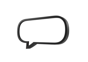Minimalist graphic design speech bubble with sharp black outline and white interior, subtly elevated with soft shadow on a transparent background. Concept of communication and ideas