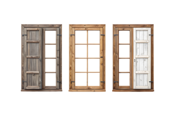 Three rustic wooden windows with shutters and panes offering different architectural styles and light views transparent background