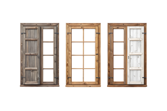 Three rustic wooden windows with shutters and panes offering different architectural styles and light views transparent background