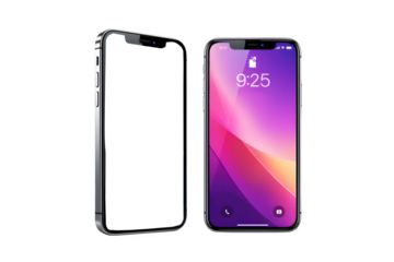 Two modern smartphones displayed side by side showing colorful app icons and a vibrant lock screen. transparent background