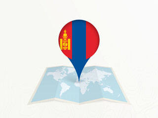 Mongolia Map Pin with National Flag on Open World Map.