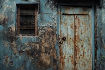 Rusted Metal Door and Wall, weathered, rusted metal door set against a peeling, rust-stained wall