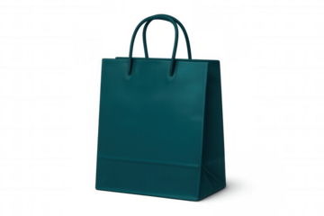Teal shopping bag standing upright on transparent surface, highlighting clean retail design with minimalist visual presentation