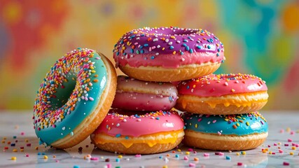 Pile of colorful glazed donuts with sprinkles on bright blurred background. Concept of sweet temptation and joyful dessert - Powered by Adobe