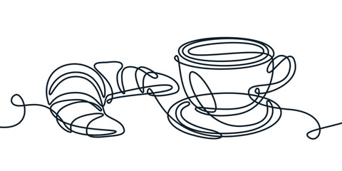 Monoline croissant and coffee. Vector continuous line illustration of breakfast. Concept for cafe menu, packaging design