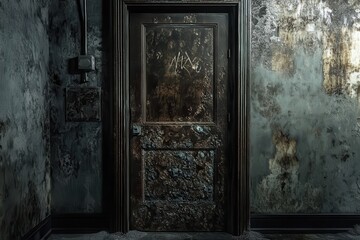 Rusted Metal Door and Wall, weathered, rusted metal door set against a peeling, rust-stained wall
