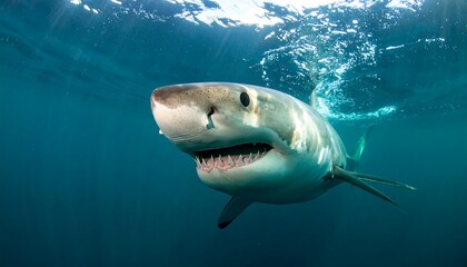 Fototapeta premium A powerful great white shark, displaying sharp teeth, dominates the deep blue ocean depths.
