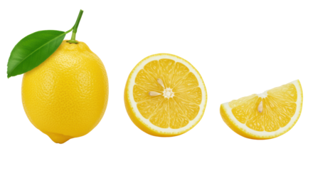 Pristine whole ripe lemon with leaf, juicy half, and crisp wedge, arranged as photorealistic flat lay on a transparent background. High-key studio flat lay highlighting freshness, vitality, and purity