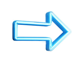 Bright blue neon arrow pointing right isolated on transparent background