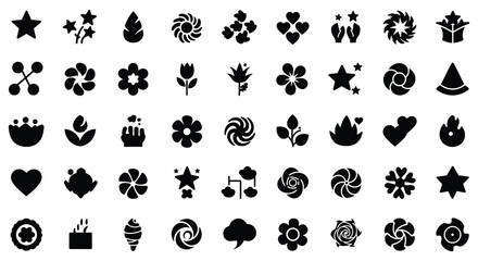 Collection of various black icons on a white background