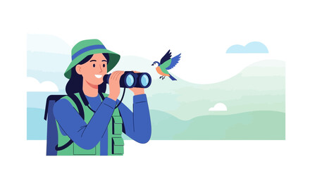 Woman Enjoying Birdwatching With Binoculars In Nature On A Sunny Day