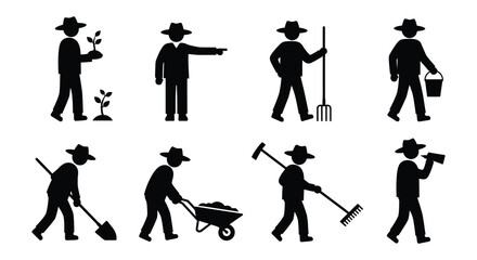 Obraz premium Silhouette of a farmer performing various gardening and farming activities