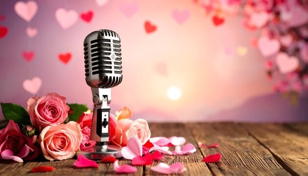 A vintage microphone sits on a wooden surface amidst a bouquet of roses and scattered rose petals, bathed in a soft, romantic glow of a pastel sunset and surrounded by hearts.