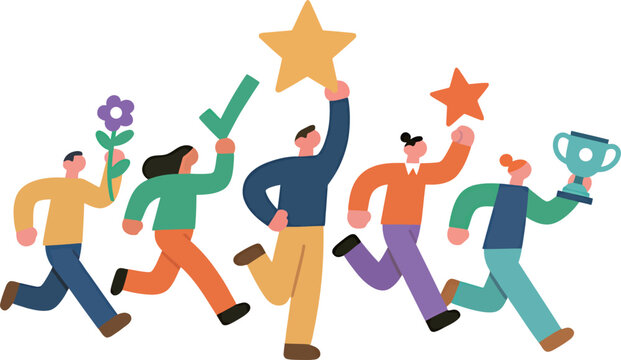 A diverse group of animated characters celebrating success with trophies and stars.