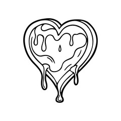 A black and white outline drawing of a melting heart with dripping liquid isolated on white background isolated on transparent background