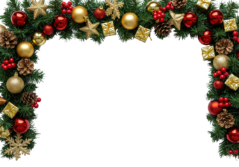 Meticulously arranged elegant holiday garland with lush fir, red/gold baubles, pine cones, berries, gold gifts, star, snowflake on transparent background, concept of festive elegance