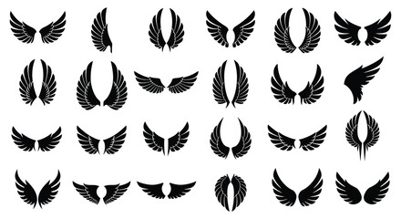 Collection of various black wing silhouettes on white background © Siam Studio