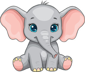 Cute baby elephant cartoon sitting, adorable animal illustration with big blue eyes, pink ears, children’s character, vector isolated drawing