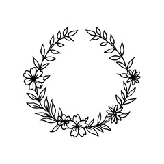 Delicate hand drawn floral wreath with blossoms and leaves isolated on white background isolated on transparent background