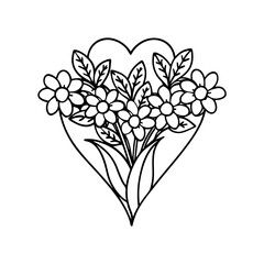 A charming black and white line drawing of a bouquet of daisies inside a heart shape isolated on white background isolated on transparent background