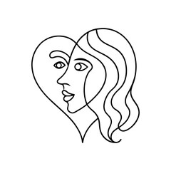 Abstract continuous line art of two faces forming a heart shape isolated on white background isolated on transparent background