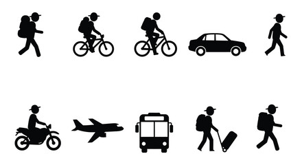 Various modes of transportation silhouettes on white background