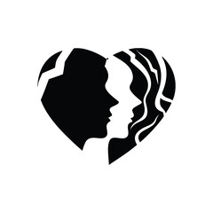 Stylized heart shape silhouette featuring intertwined profiles of two people in profile isolated on white background isolated on transparent background