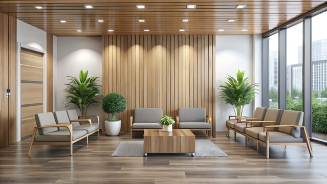 A modern waiting room with comfortable seating, wooden accents, and large windows offering a city view, creating a serene and professional atmosphere