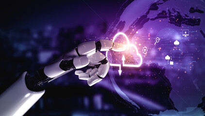 Obraz premium AI artificial intelligence optimizes cloud infrastructure with virtual assistants and intelligent automation, improving scalability, security, and digital business continuity. Vouch