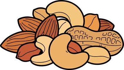 Hand Drawn Roasted Mixed Nuts Illustration – Vector Cashew, Almond, Peanut, and Hazelnut Pile