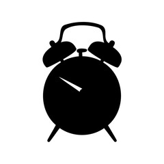 Simple black and white graphic depiction of a vintage alarm clock