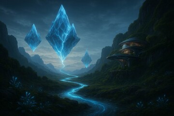Ultra-realistic surreal landscape blending nature and technology  floating crystal mountains with glowing rivers of light
