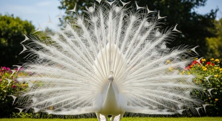 Obraz premium Elegant White Peacock Displaying Feathers in a Lush Garden Setting