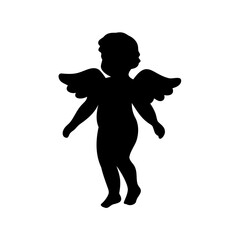 Silhouette of an angel with small wings standing on a white background