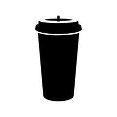 Black and white silhouette of disposable coffee or beverage cup with lid