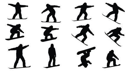 Collection of snowboarder silhouettes in various poses and movements on snowboard